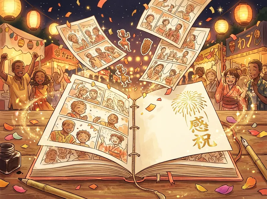 Carnet de fan ouvert avec pages manga et confettis festival